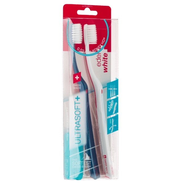 edel+white Duo Flosserbrush Ultrasoft, SWISS logo, 2 caps, PET box – Lightweight, flexible, and with ultra-soft, conical bristles. Image shows blue/white with packaging. 