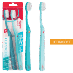 edel+white Duo Flosserbrush Ultrasoft, SWISS logo, 2 caps, PET box – Lightweight, flexible, and with ultra-soft, conical bristles. Image in light and dark blue with packaging and ULTRASOFT claim. 