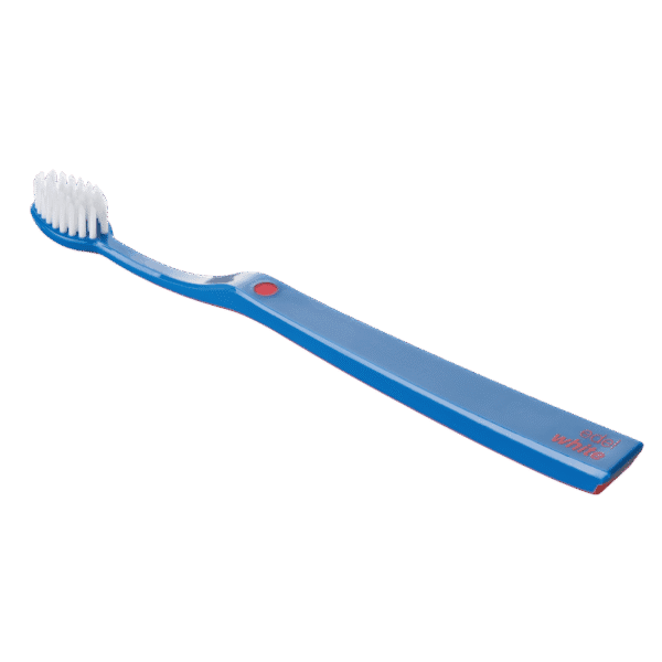 edel+white Ultrasoft Flosserbrush SWISS in PET box - Light, flexible and with ultra-soft, conical bristles. Toothbrush shown in blue. 