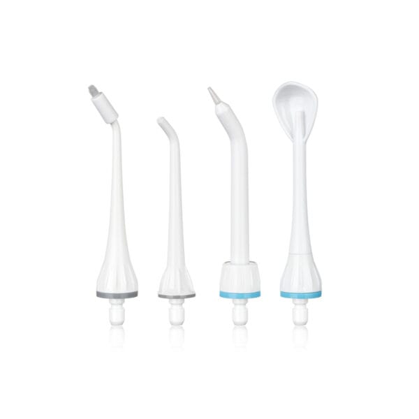 edel+white Flosserpik Pro Station - puissante douche buccale avec 10 niveaux de pression, 2 modes et 4 embouts pour un soin complet des dents et des gencives. Illustration du produit, différents embouts. 