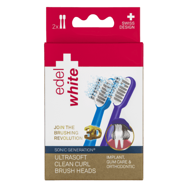 edel+white Aufsätze für elektrische Zahnbürste. Ultrasoft, Clean Curl Airbag Sonic Brush Heads – Die Zahnreinigungs-Revolution für 300% mehr Putzleistung . Foto der Verpackung. 
