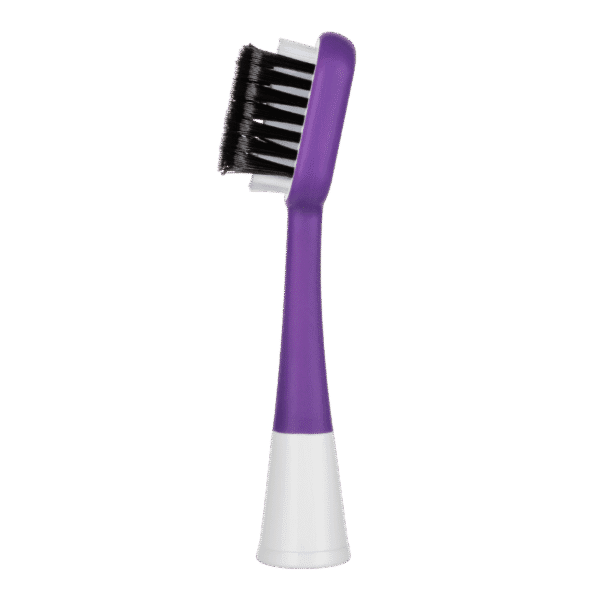 edel+white Embouts pour brosse à dents électrique. Ultrasoft, Clean Curl Airbag Sonic Brush Heads - La révolution du nettoyage des dents pour 300% de puissance de brossage en plus. Détail de l'embout, poils droits, violet, vue de côté. 