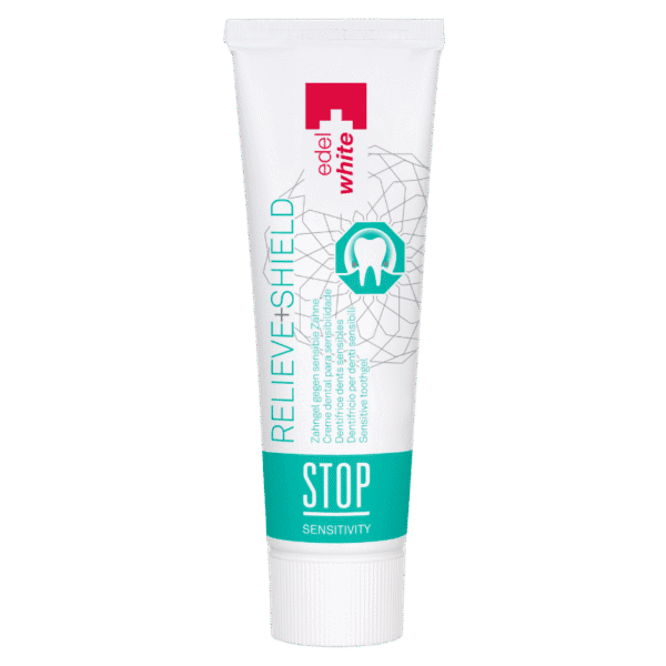 edel+white STOP Sensitive Toothgel 12ml – Linderung und Schutz vor Zahnempfindlichkeit. Foto der Zahnpasta Tube.