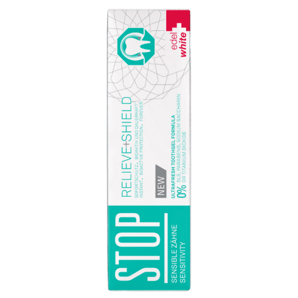 edel+white STOP Sensitive Toothgel 12ml – Linderung und Schutz vor Zahnempfindlichkeit. Foto der Zahnpasta Verpackung.