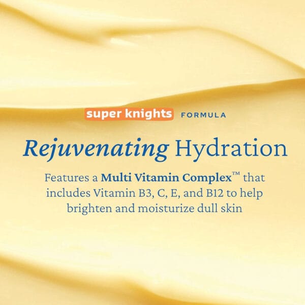 belif Super Knights Multi Vitamin Sleeping Mask 75ml Image Crème ouverte, fond jaune - Crème de nuit éclaircissante aux vitamines C, E, B3 & B12 pour une peau éclatante au réveil. Infographie Rejuvenating Hydration. 