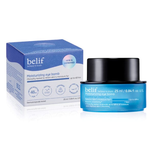 belif Moisturizing Eye Bomb 25ml – Augencreme mit Peptiden, Bakuchiol & Koffein gegen Falten & Augenringe. Produktfoto mit Verpackung.