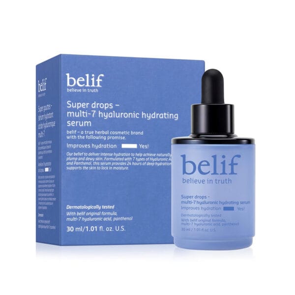 belif Super Drops Multi-7 Hyaluronic Hydrating Serum 30ml – Intensives Feuchtigkeitsserum mit 7-facher Hyaluronsäure und Panthenol. Produktbild mit Verpackung.