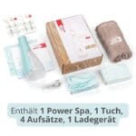 edel+white Flosserpik Power Spa – Der Champion der mobilen Mundduschen mit viel Power. Abbildung Produktinformation, enthält 1 Power Spa, 1 Tuch, 4 Aufsätze, 1 Ladegerät