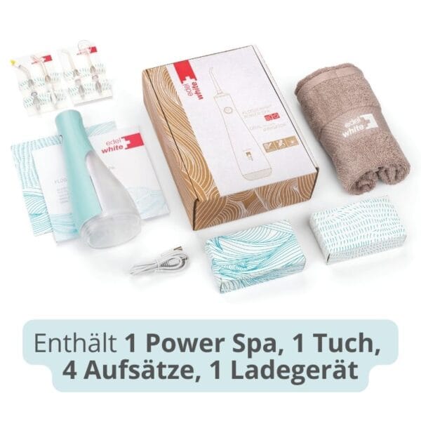 edel+white Flosserpik Power Spa – Der Champion der mobilen Mundduschen mit viel Power. Abbildung Produktinformation, enthält 1 Power Spa, 1 Tuch, 4 Aufsätze, 1 Ladegerät