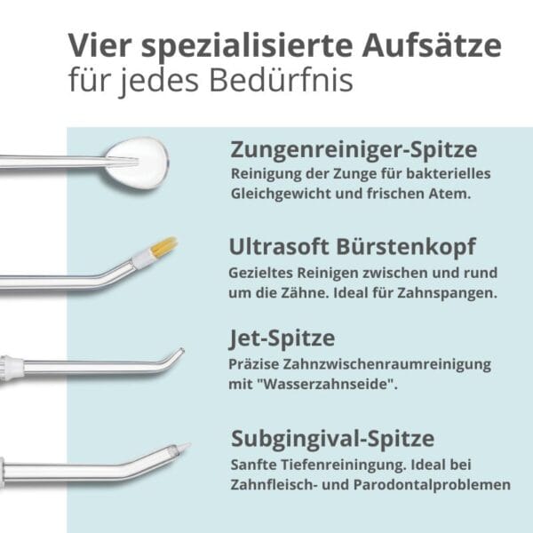 edel+white Flosserpik Power Spa – Der Champion der mobilen Mundduschen mit viel Power. Abbildung Produktinformation verschiedene Aufsätze: Zungenreiniger, Ultrasoft Bürstenkopf, Jet-Spitze, Subgingival-Spitze
