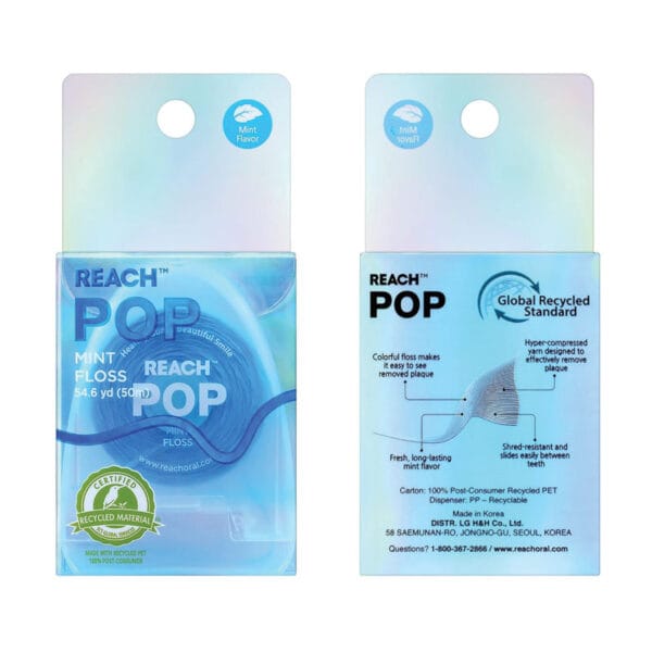 REACH POP dental floss mint - vegan, waxed dental floss with 384 micro threads & sustainable packaging, 50m. Picture packaging. 